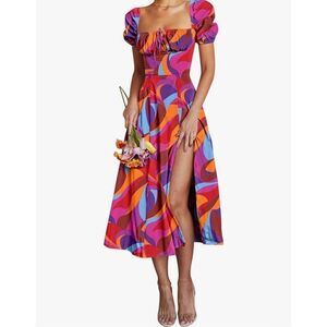 NEW Puff Sleeve Midi Square Neck Cottagecore Dress L
